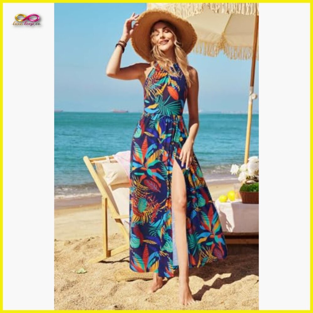 Floral Maxi Dress Boho Beach Vacation Summer Flowy Split Halter Backless - Picture 2 of 7
